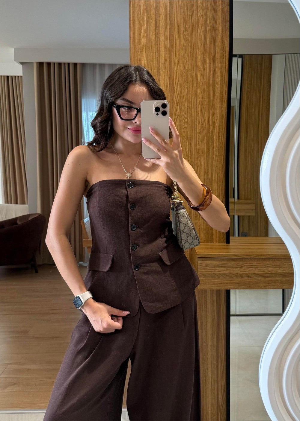 Zweiteiler-Set / High-Waist Hose & Top | braun