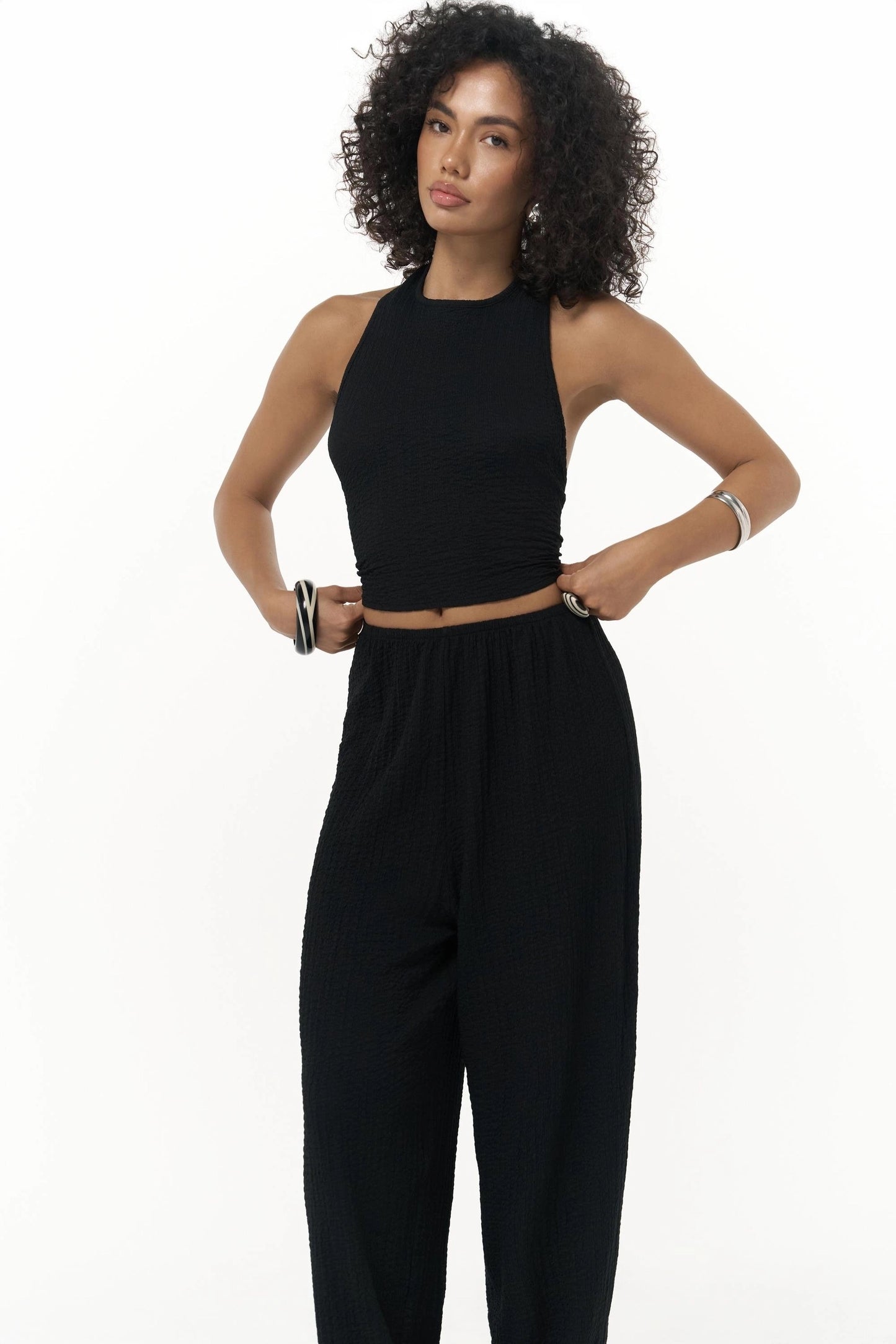 Set - Bindedetail Crop & Stoffhose – schwarz