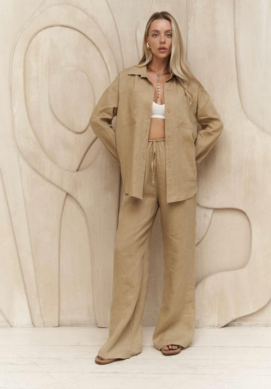 Leinen Set - Hemd-Bluse & Hose | khaki