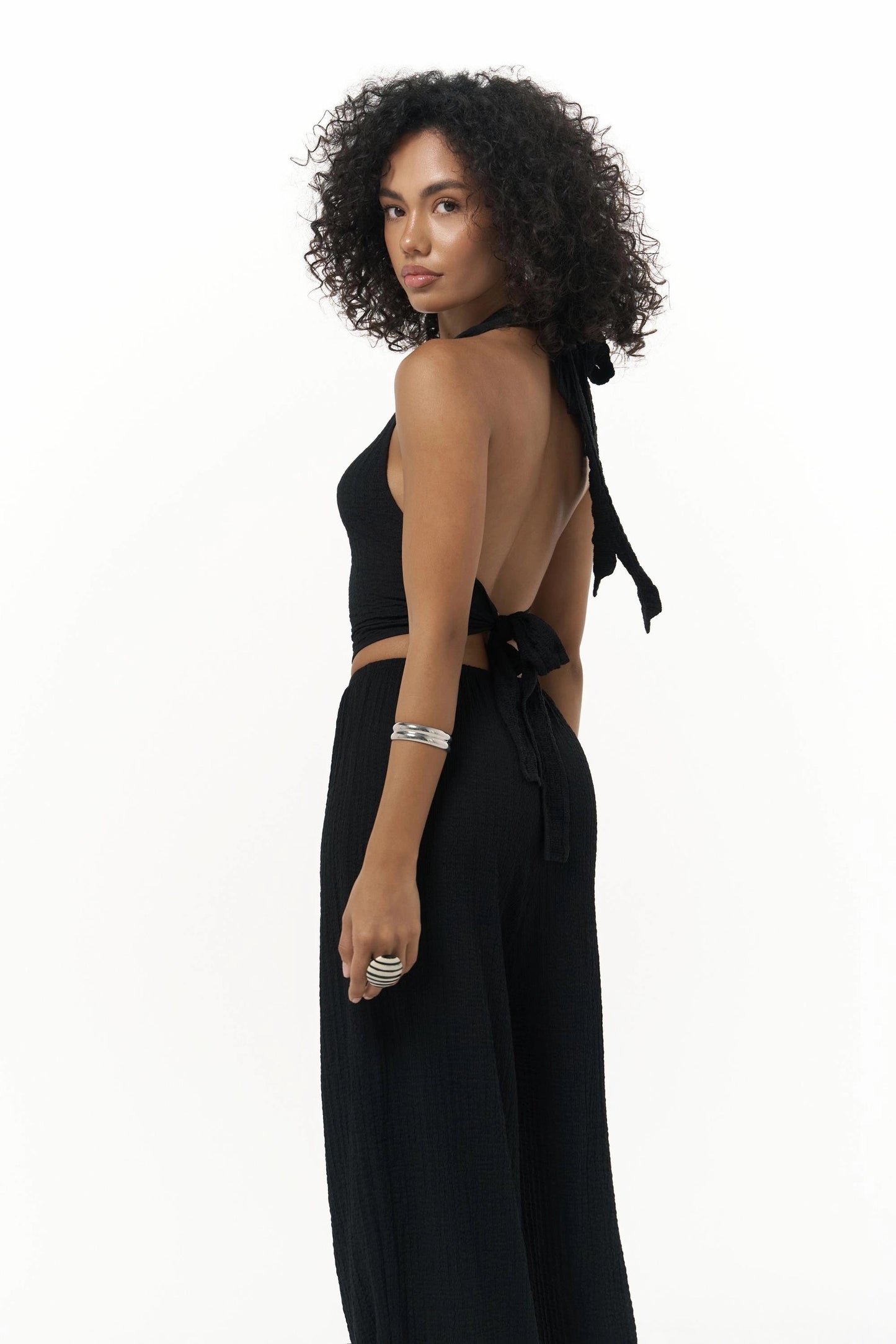 Set - Bindedetail Crop & Stoffhose – schwarz
