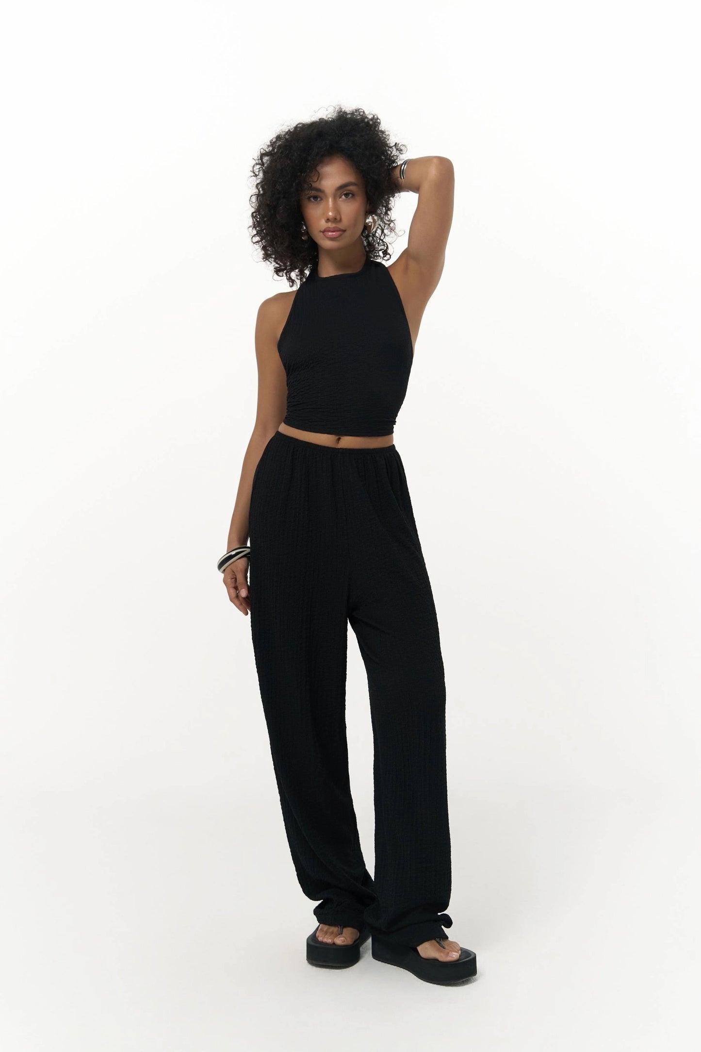 Set - Bindedetail Crop & Stoffhose – schwarz
