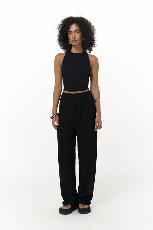 Set - Bindedetail Crop & Stoffhose – schwarz