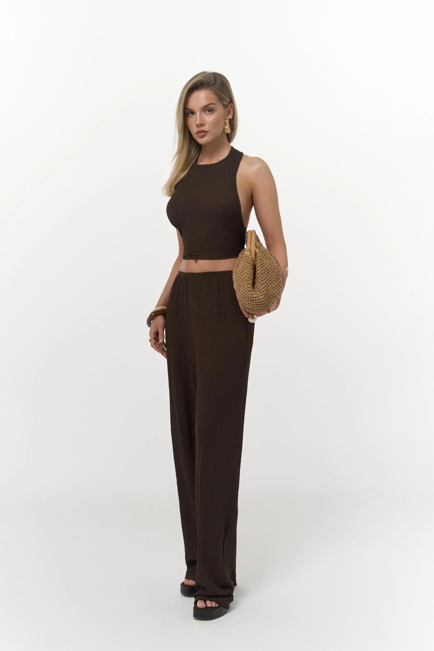 Set - Bindedetail Crop & Stoffhose – Braun