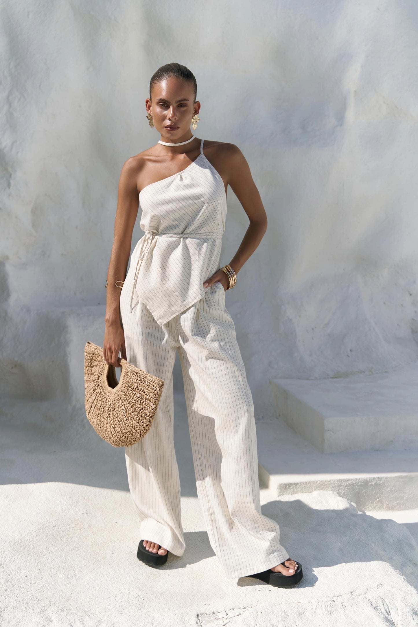 Set - gestreiftes Crop-Top und Palazzo-Hose | beige