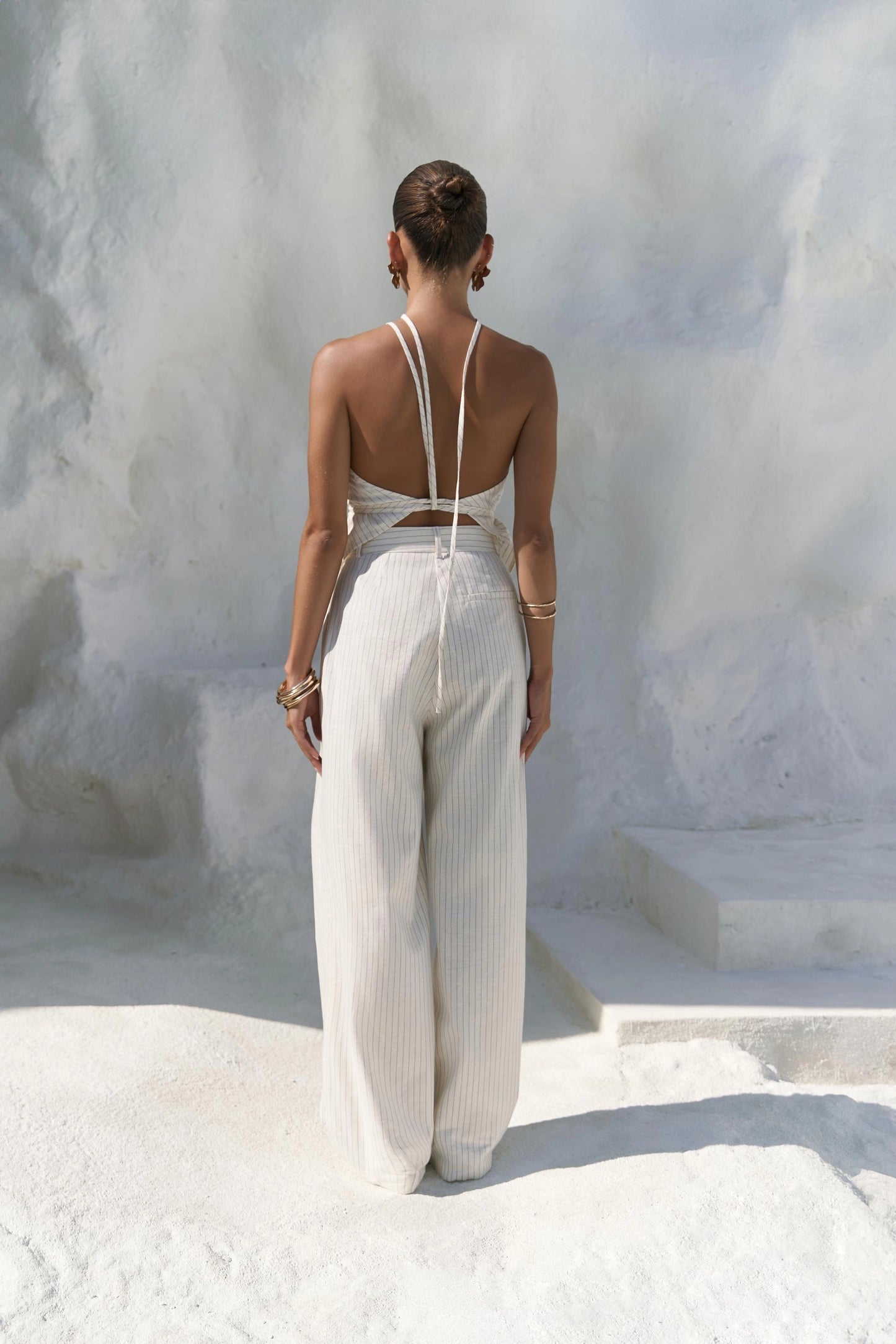 Set - gestreiftes Crop-Top und Palazzo-Hose | beige