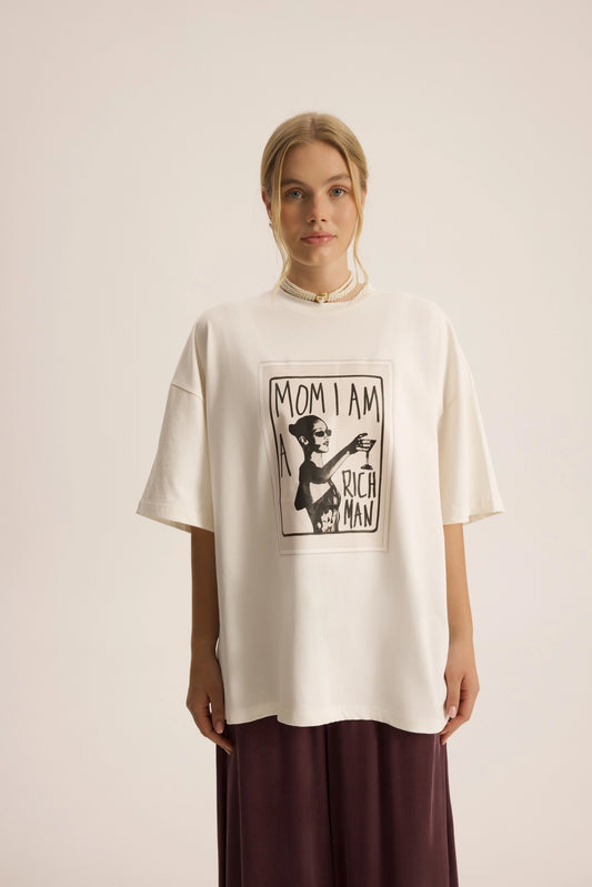 Oversize Baumwoll-T-Shirt mit Print | weiss