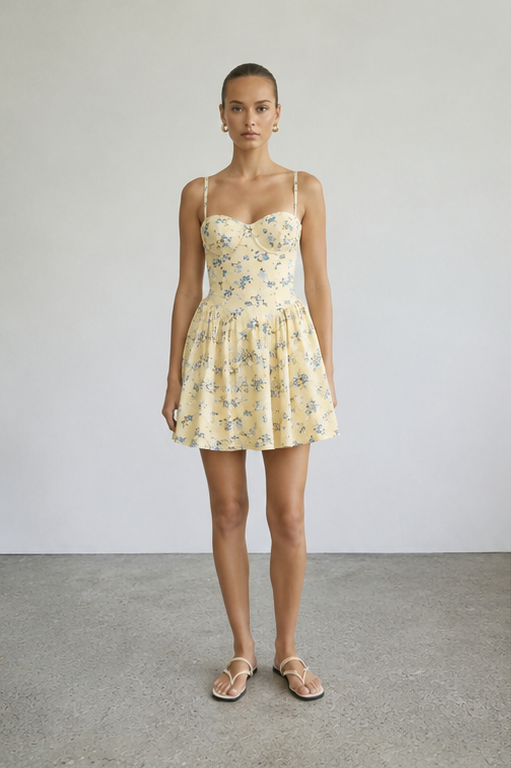 Geblümtes Korsett-Minikleid | gelb