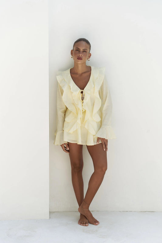 Zweiteiler mit Bluse & Minirock mit integrierten Shorts | gelb