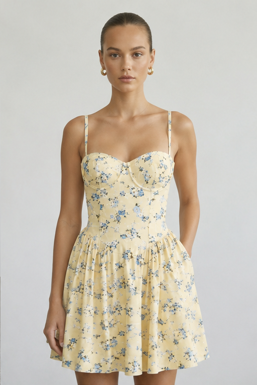 Geblümtes Korsett-Minikleid | gelb