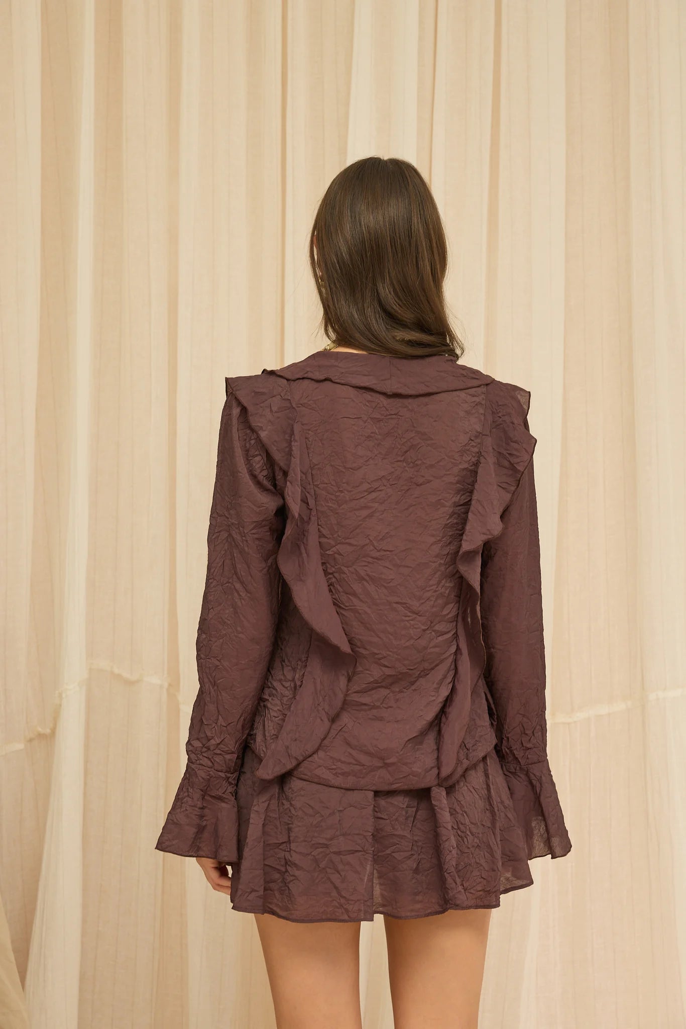 Zweiteiler mit Bluse & Minirock mit integrierten Shorts | braun