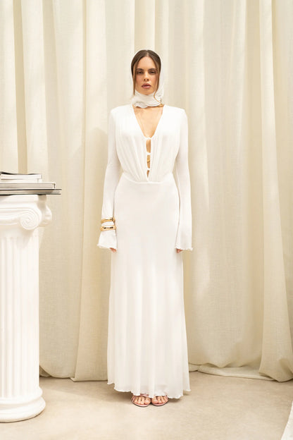 Drapiertes Maxikleid mit Knopfleiste | weiss