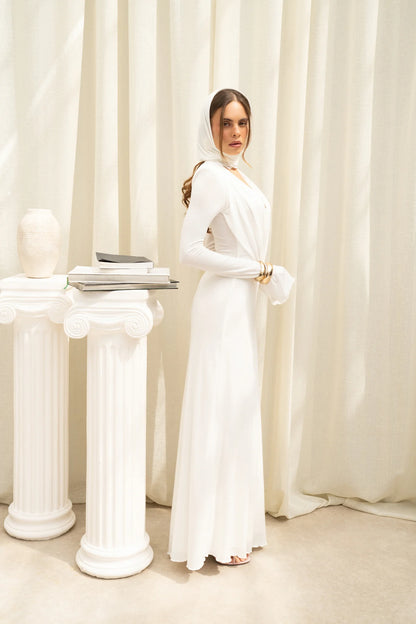 Drapiertes Maxikleid mit Knopfleiste | weiss