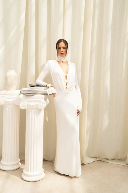 Drapiertes Maxikleid mit Knopfleiste | weiss