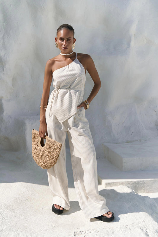 Set - gestreiftes Crop-Top und Palazzo-Hose | beige