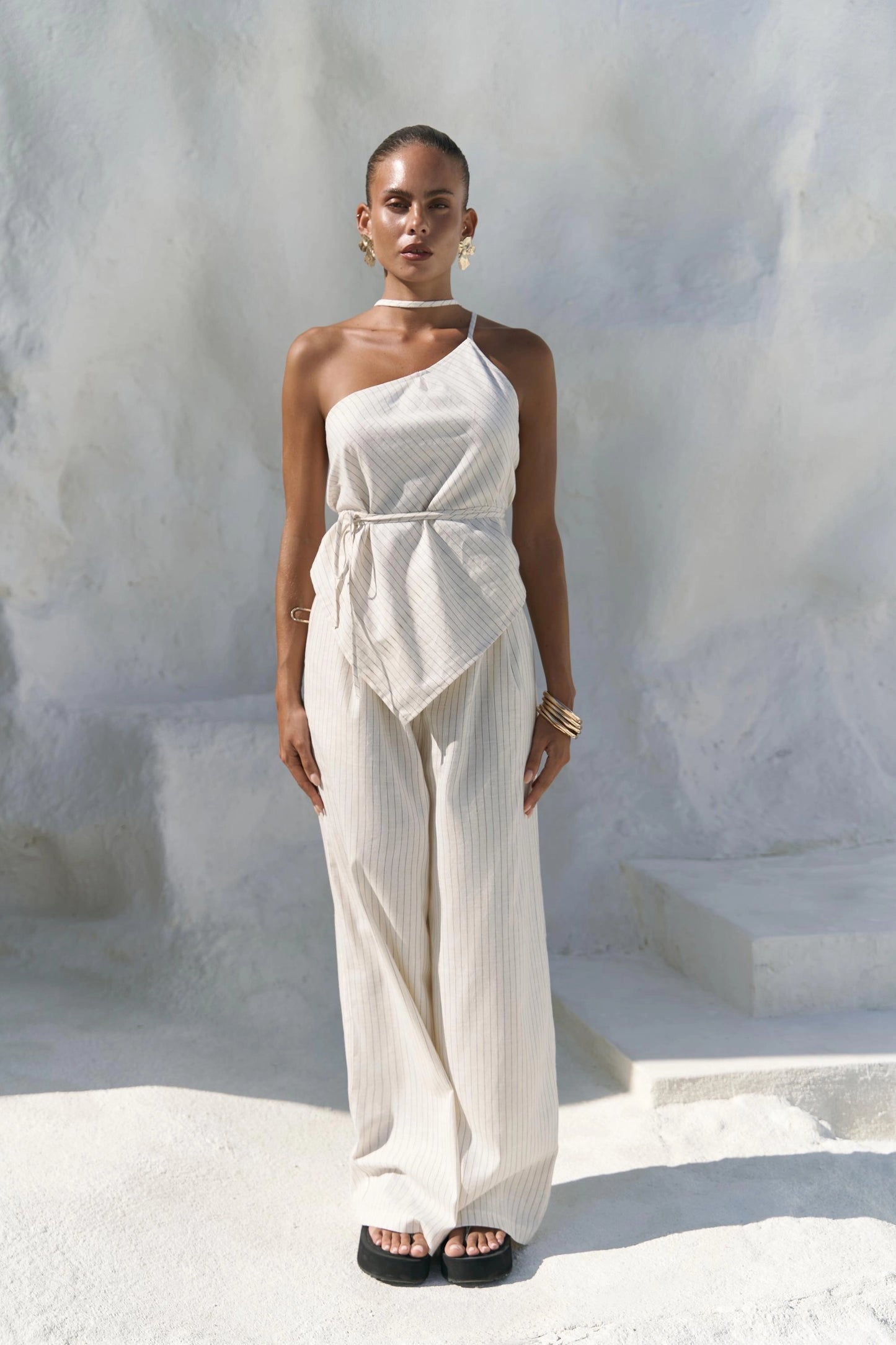Set - gestreiftes Crop-Top und Palazzo-Hose | beige