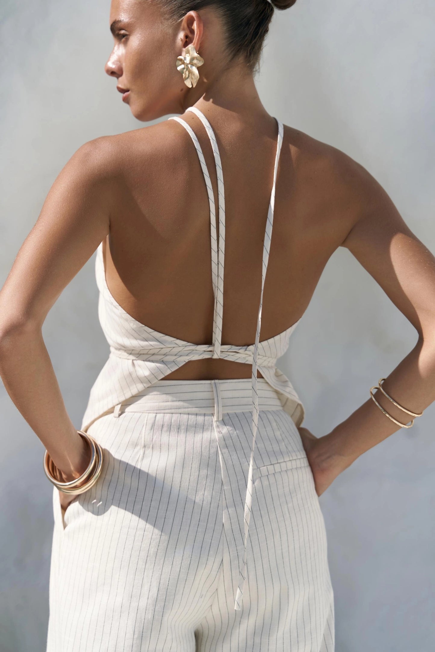 Set - gestreiftes Crop-Top und Palazzo-Hose | beige