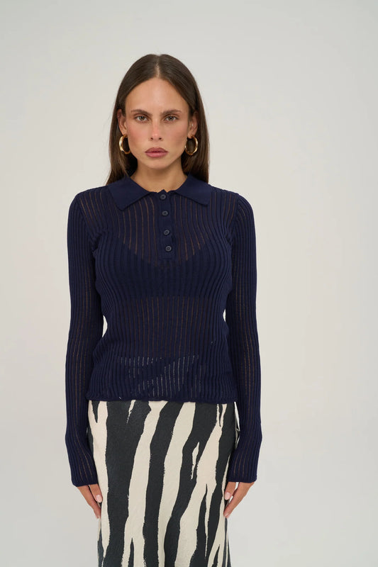 Polokragen-Strickbluse | blau