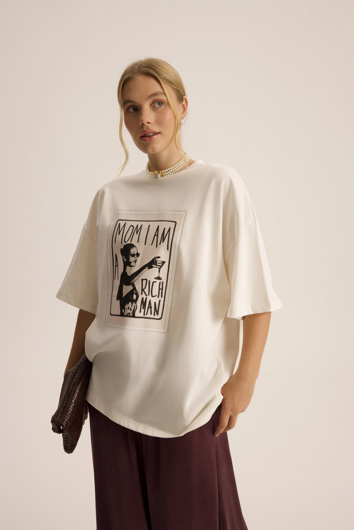 Oversize Baumwoll-T-Shirt mit Print | weiss