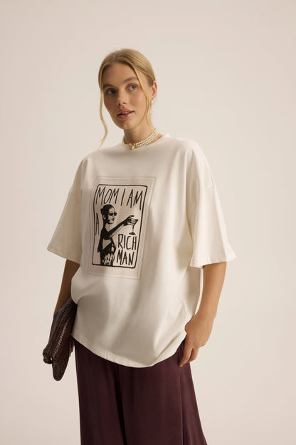 Oversize Baumwoll-T-Shirt mit Print | weiss