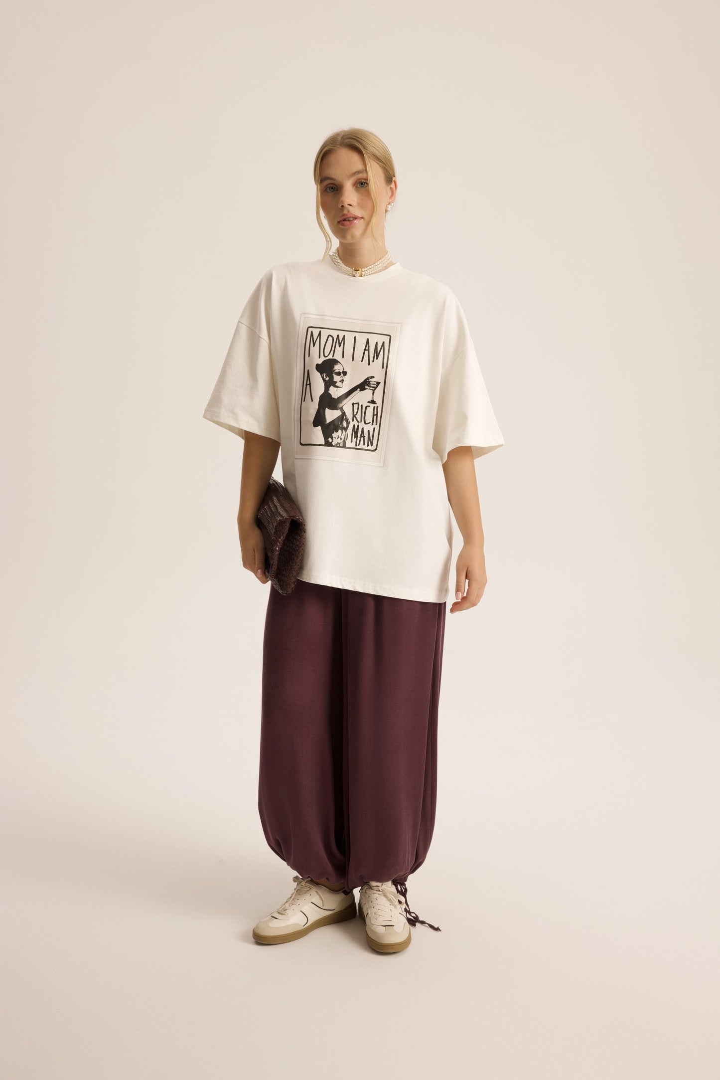Oversize Baumwoll-T-Shirt mit Print | weiss