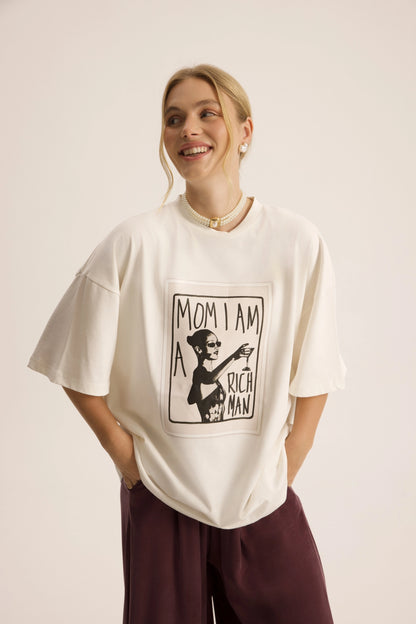 Oversize Baumwoll-T-Shirt mit Print | weiss