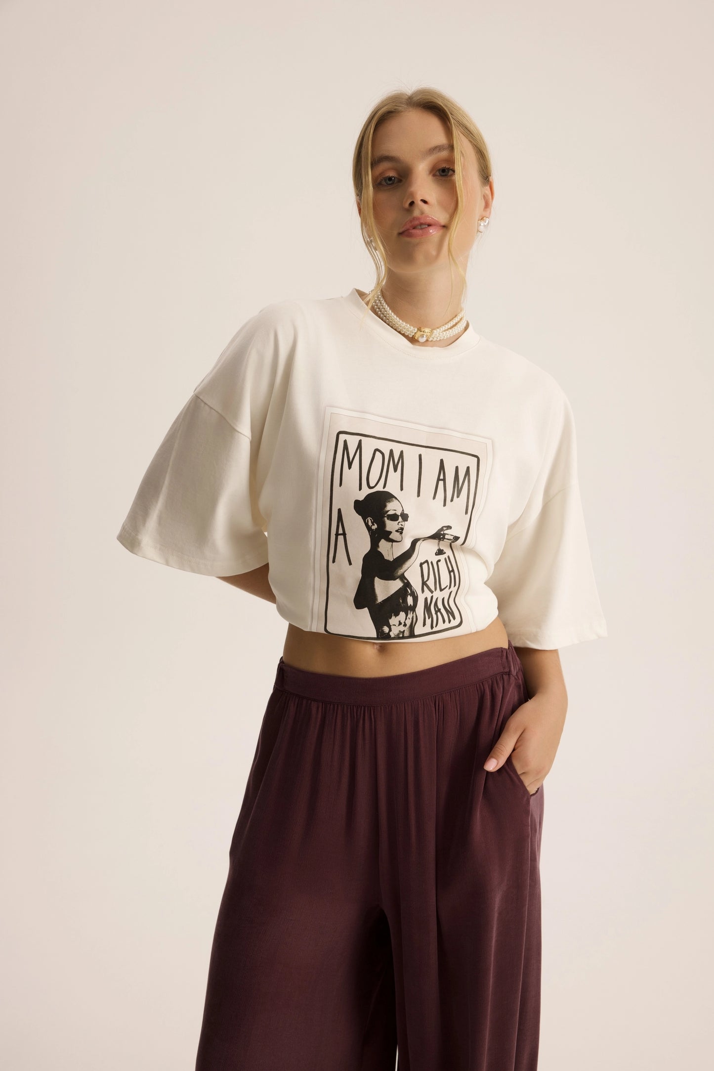 Oversize Baumwoll-T-Shirt mit Print | weiss