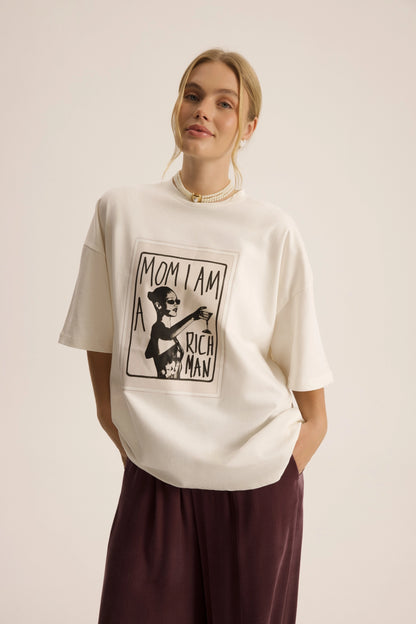 Oversize Baumwoll-T-Shirt mit Print | weiss