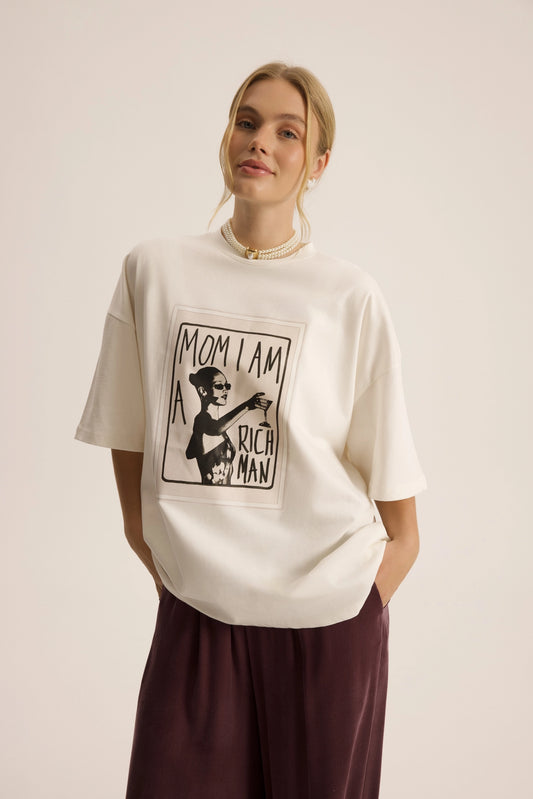 Oversize Baumwoll-T-Shirt mit Print | weiss