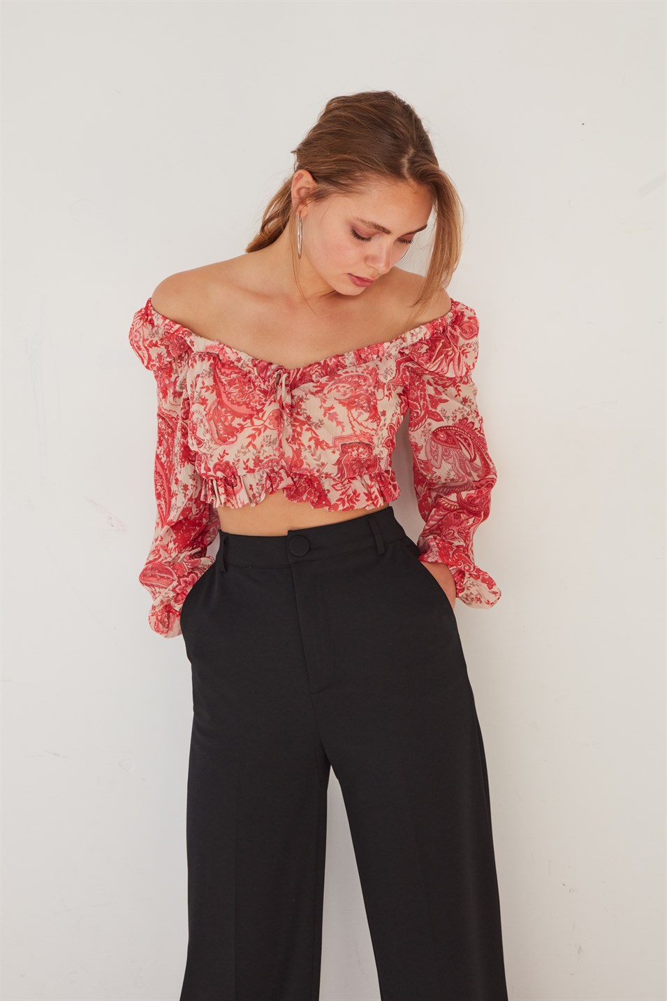 Crop Bluse Pink mit Rüschendetails